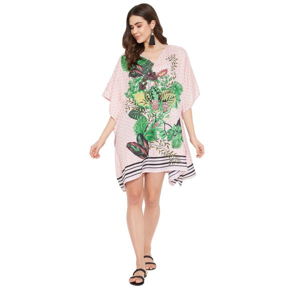 Floral Printed Pink Polyester Short Caftan Tunic Dress for Women by Gypsie Blu - Picture 3 of 9